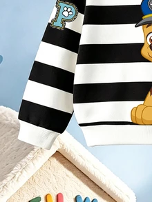 SHEIN | PAW Patrol 2件組小男孩休閒連帽套裝，黑白條紋卡通圖案，長袖寬鬆連帽衫，秋季校園穿搭，冬季服飾 - 黑色 - 查看 6