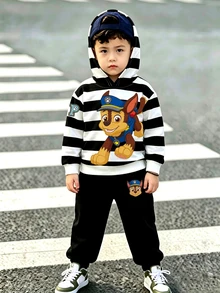SHEIN | PAW Patrol 2件組小男孩休閒連帽套裝，黑白條紋卡通圖案，長袖寬鬆連帽衫，秋季校園穿搭，冬季服飾 - 黑色 - 查看 7