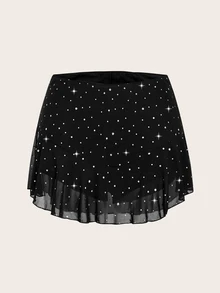 SHEIN ICON 女款秋冬 Y2K 水鑽裝飾荷葉邊下擺網紗裙 - 黑色 - 查看 6