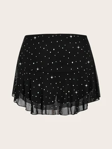 SHEIN ICON 女款秋冬 Y2K 水鑽裝飾荷葉邊下擺網紗裙 - 黑色 - 查看 3