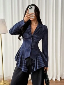 SHEIN PETITE Blazer Garis-Garis Biru Tua Elegan dan Minimalis untuk Wanita Bertubuh Mungil - Sempurna untuk Berpergian. - Navy Blue - View 1