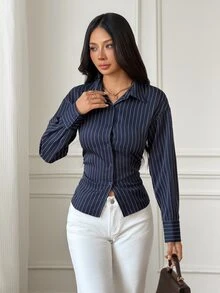 SHEIN PETITE 女款條紋休閒百搭日常穿著襯衫 - 藏蓝色 - 查看 3