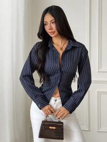 SHEIN PETITE 女款條紋休閒百搭日常穿著襯衫 - 藏蓝色 - 查看 9
