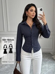 SHEIN PETITE 女款條紋休閒百搭日常穿著襯衫 - 藏蓝色 - 查看 1