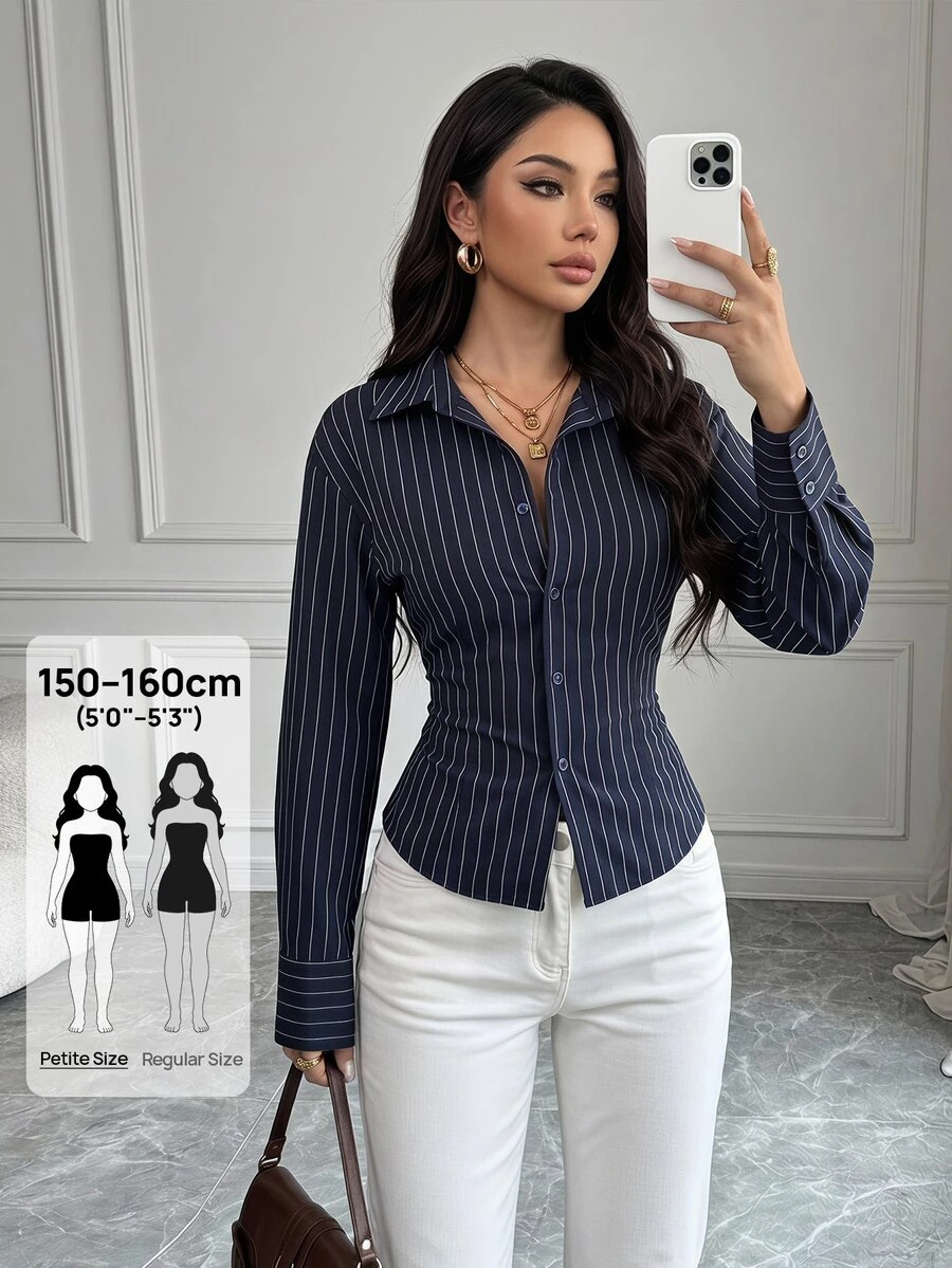 SHEIN PETITE 女款條紋休閒百搭日常穿著襯衫 - 藏蓝色 - 查看 1