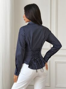 SHEIN PETITE 女款條紋休閒百搭日常穿著襯衫 - 藏蓝色 - 查看 2