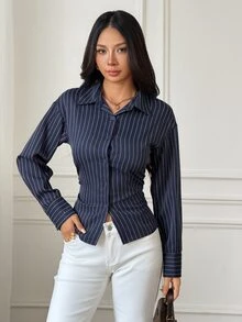 SHEIN PETITE 女款條紋休閒百搭日常穿著襯衫 - 藏蓝色 - 查看 8