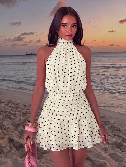 Glamine Women's Black White Polka Dot,Summer,Elegant,Brunch Satin Chiffon Halter Neck Backless Mini Dress, Waist Exposed Double Ruffle Hem A-Line Skirt