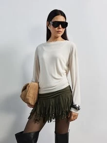 MERLEAU Women's Relaxed Fit Off-White 2 In 1 Layered Long Sleeve Top, Solid Minimalist Casual Sexy Modern Style For Fall Daily, Brunch Commute, Work Going Out - Cream - View 2