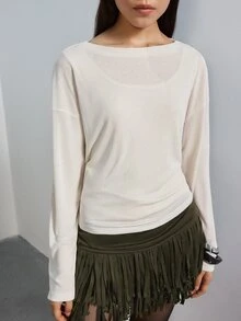 MERLEAU Women's Relaxed Fit Off-White 2 In 1 Layered Long Sleeve Top, Solid Minimalist Casual Sexy Modern Style For Fall Daily, Brunch Commute, Work Going Out - Cream - View 7