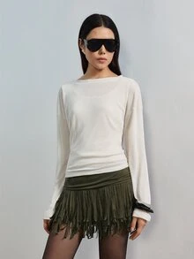 MERLEAU Women's Relaxed Fit Off-White 2 In 1 Layered Long Sleeve Top, Solid Minimalist Casual Sexy Modern Style For Fall Daily, Brunch Commute, Work Going Out - Cream - View 6