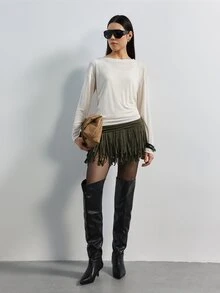 MERLEAU Women's Relaxed Fit Off-White 2 In 1 Layered Long Sleeve Top, Solid Minimalist Casual Sexy Modern Style For Fall Daily, Brunch Commute, Work Going Out - Cream - View 3