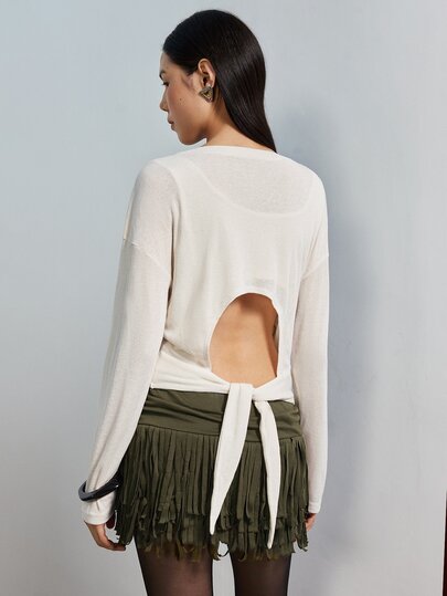 MERLEAU Women's Relaxed Fit Off-White 2 In 1 Layered Long Sleeve Top, Solid Minimalist Casual Sexy Modern Style For Fall Daily, Brunch Commute, Work Going Out