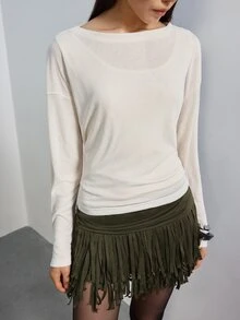 MERLEAU Women's Relaxed Fit Off-White 2 In 1 Layered Long Sleeve Top, Solid Minimalist Casual Sexy Modern Style For Fall Daily, Brunch Commute, Work Going Out - Cream - View 5