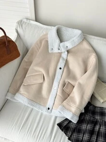 SHEIN Teen Girls Coats Autumn/Winter New Casual Apricot Lamb Fleece Shearling Lapel Jacket - Apricot - View 5