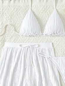 SHEIN Swim Swim SXY 夏季檸檬黃 3 件式比基尼套裝，抓皺紋理布料三角掛脖式綁繩露背抽繩寬鬆短褲丁字褲底，性感甜美女孩風度假派對沙灘女款分體泳衣 - 白色 - 查看 4