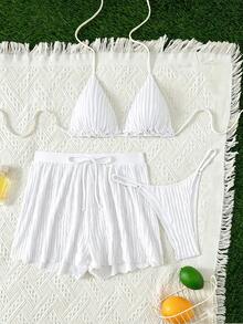 SHEIN Swim Swim SXY 夏季檸檬黃 3 件式比基尼套裝，抓皺紋理布料三角掛脖式綁繩露背抽繩寬鬆短褲丁字褲底，性感甜美女孩風度假派對沙灘女款分體泳衣 - 白色 - 查看 5