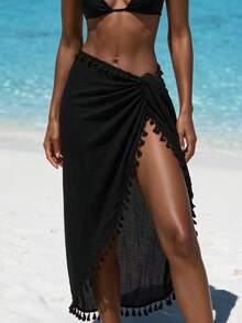 Swim Vcay Summer Beach Tassel Knot Side Cover Up Skirt - Black - View 4