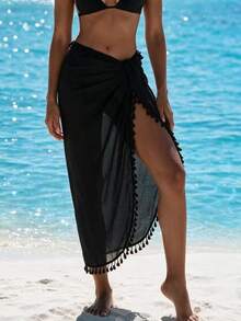 Swim Vcay Summer Beach Tassel Knot Side Cover Up Skirt - Black - View 2