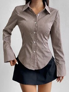 Flirla Women's Long Sleeve Single-Breasted Casual/Work Striped Blouse Fall Cloth For Women - Coffee Brown - View 3
