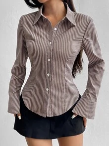 Flirla Women's Long Sleeve Single-Breasted Casual/Work Striped Blouse Fall Cloth For Women - Coffee Brown - View 7