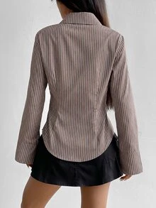 Flirla Women's Long Sleeve Single-Breasted Casual/Work Striped Blouse Fall Cloth For Women - Coffee Brown - View 2