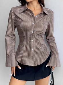 Flirla Women's Long Sleeve Single-Breasted Casual/Work Striped Blouse Fall Cloth For Women - Coffee Brown - View 4