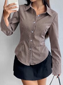 Flirla Women's Long Sleeve Single-Breasted Casual/Work Striped Blouse Fall Cloth For Women - Coffee Brown - View 6