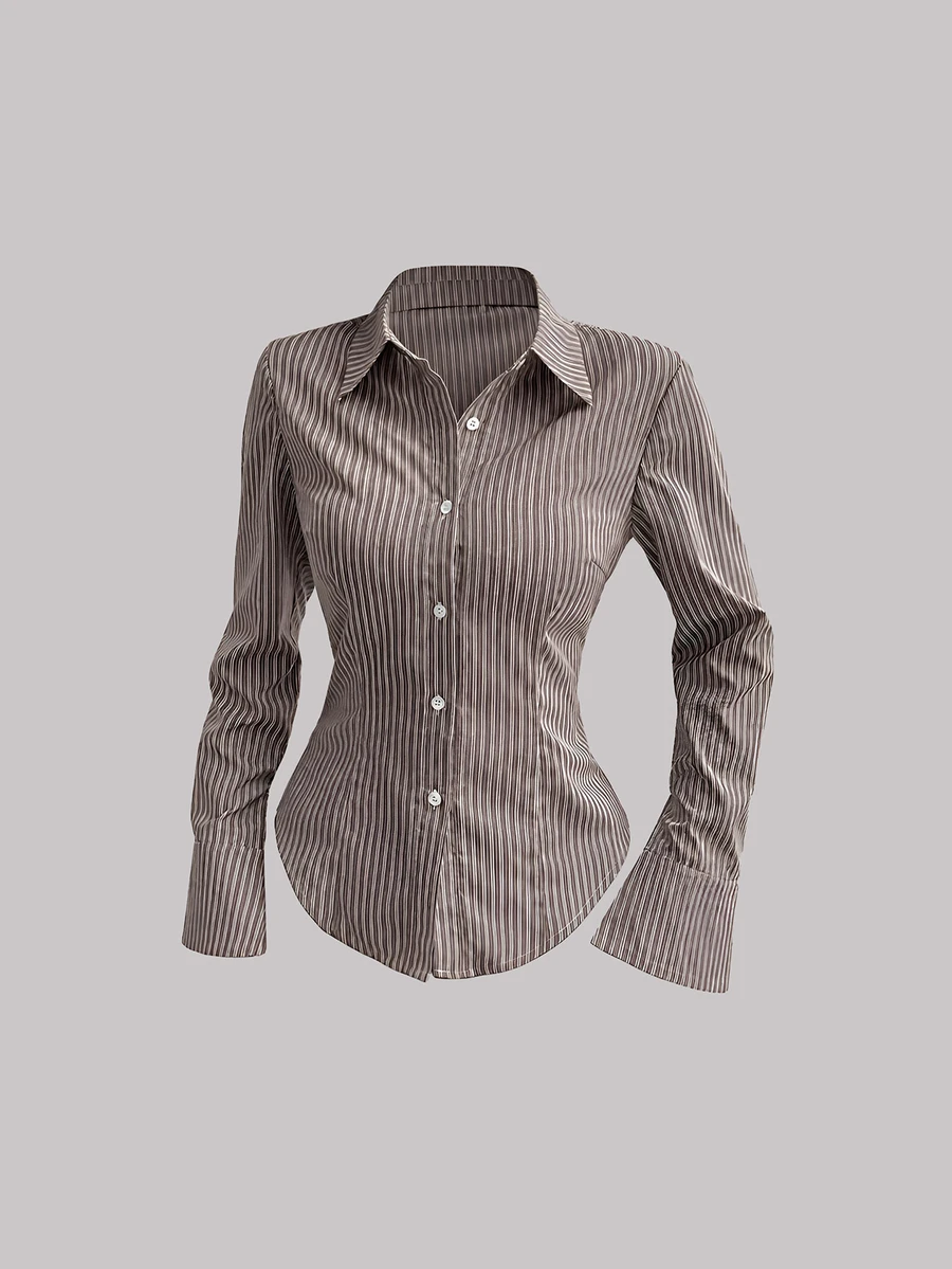 Flirla Women's Long Sleeve Single-Breasted Casual/Work Striped Blouse Fall Cloth For Women - Coffee Brown - View 1