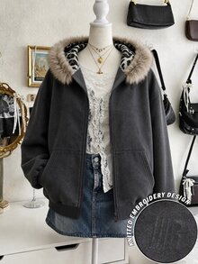 Lalippa Women's Fur Collar Sweatshirt, Autumn/Winter New Style, Dark Grey Fur Collar Jacket, Minimalist Letter Embroidery Pattern, Pattern Design, Casual Versatile - Grey - View 1