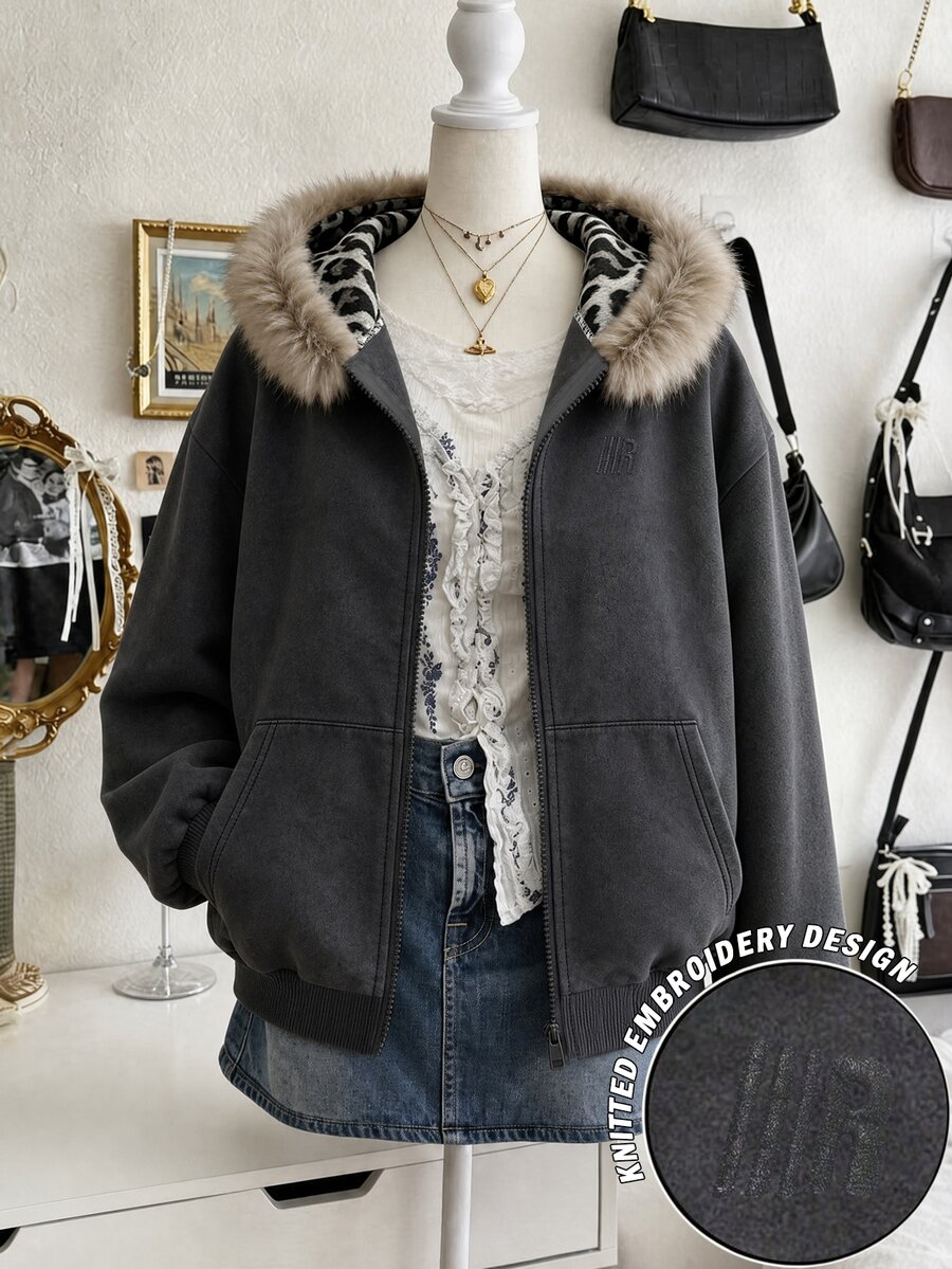 Lalippa Women's Fur Collar Sweatshirt, Autumn/Winter New Style, Dark Grey Fur Collar Jacket, Minimalist Letter Embroidery Pattern, Pattern Design, Casual Versatile - Grey - View 1