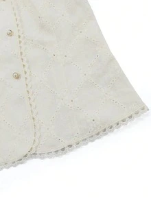 Elenzga White,Summer,Elegant,Tea Party Women Floral Textured Jacquard Lace Collar Pearl Button Fitted Waist Double Ruffle Sleeve Vacation T-Shirt - Apricot - View 4