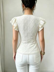 Elenzga White,Summer,Elegant,Tea Party Women Floral Textured Jacquard Lace Collar Pearl Button Fitted Waist Double Ruffle Sleeve Vacation T-Shirt - Apricot - View 2