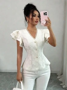 Elenzga White,Summer,Elegant,Tea Party Women Floral Textured Jacquard Lace Collar Pearl Button Fitted Waist Double Ruffle Sleeve Vacation T-Shirt - Apricot - View 3