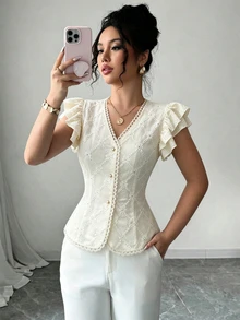 Elenzga White,Summer,Elegant,Tea Party Women Floral Textured Jacquard Lace Collar Pearl Button Fitted Waist Double Ruffle Sleeve Vacation T-Shirt - Apricot - View 6