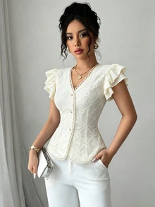 Elenzga White,Summer,Elegant,Tea Party Women Floral Textured Jacquard Lace Collar Pearl Button Fitted Waist Double Ruffle Sleeve Vacation T-Shirt - Apricot - View 5