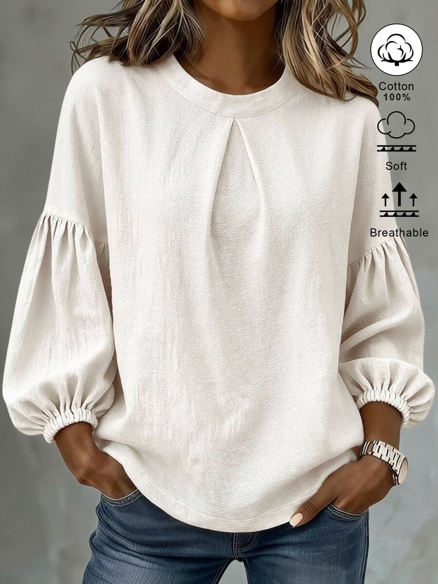 Omancia Solid Fold Pleated Lantern Sleeve Blouse - White - View 1
