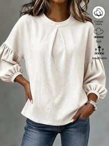 Omancia Solid Fold Pleated Lantern Sleeve Blouse - White - View 5