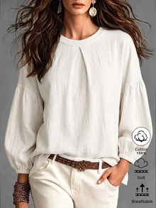 Omancia Solid Fold Pleated Lantern Sleeve Blouse - White - View 3
