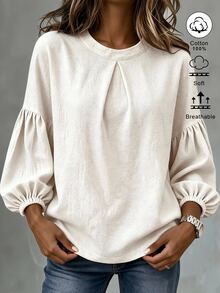 Omancia Solid Fold Pleated Lantern Sleeve Blouse - White - View 7