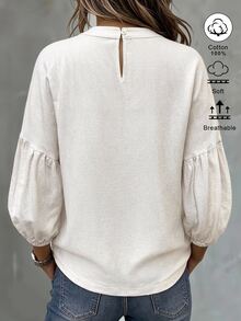 Omancia Solid Fold Pleated Lantern Sleeve Blouse - White - View 2