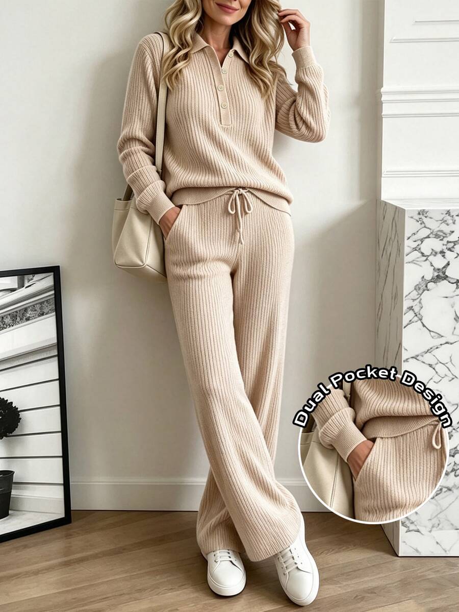 Holdful Holdful Half Button Drop Shoulder Sweater Drawstring Waist Knit Pants Everyday Travel Beige Autumn Casual