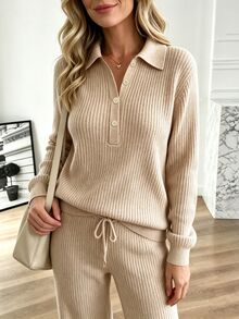 Holdful Holdful Half Button Drop Shoulder Sweater Drawstring Waist Knit Pants Everyday Travel Beige Autumn Casual - Apricot - View 6