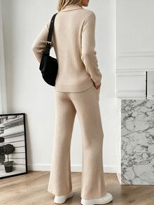 Holdful Holdful Half Button Drop Shoulder Sweater Drawstring Waist Knit Pants Everyday Travel Beige Autumn Casual - Apricot - View 3
