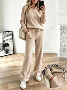 Holdful Holdful Half Button Drop Shoulder Sweater Drawstring Waist Knit Pants Everyday Travel Beige Autumn Casual - Apricot - View 4