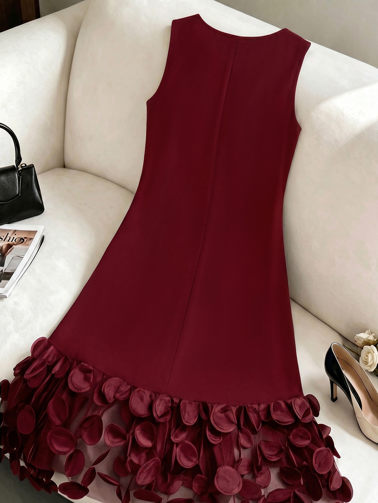 Formidée Plus Size Simple Elegant Fashion Versatile 3D Floral Patchwork Women's Dress - Burgundy - View 4