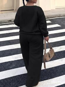 SHEIN CURVE+ Black Plus Size Women's V-Neck Plus Size Loose Casual Sweatshirt & Sweatpants 2pcs Set Autumn/Winter Fall - Black - View 2