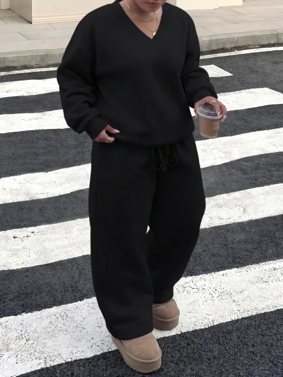 SHEIN CURVE+ Black Plus Size Women's V-Neck Plus Size Loose Casual Sweatshirt & Sweatpants 2pcs Set Autumn/Winter Fall - Black - View 1