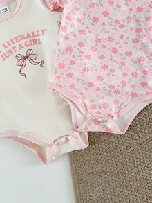 SHEIN 女婴可爱舒适三件套短袖连体衣，印花图案，胸前饰有英文字母花朵刺绣 - 彩色 - 查看 5