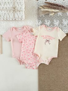 SHEIN 女婴可爱舒适三件套短袖连体衣，印花图案，胸前饰有英文字母花朵刺绣 - 彩色 - 查看 6